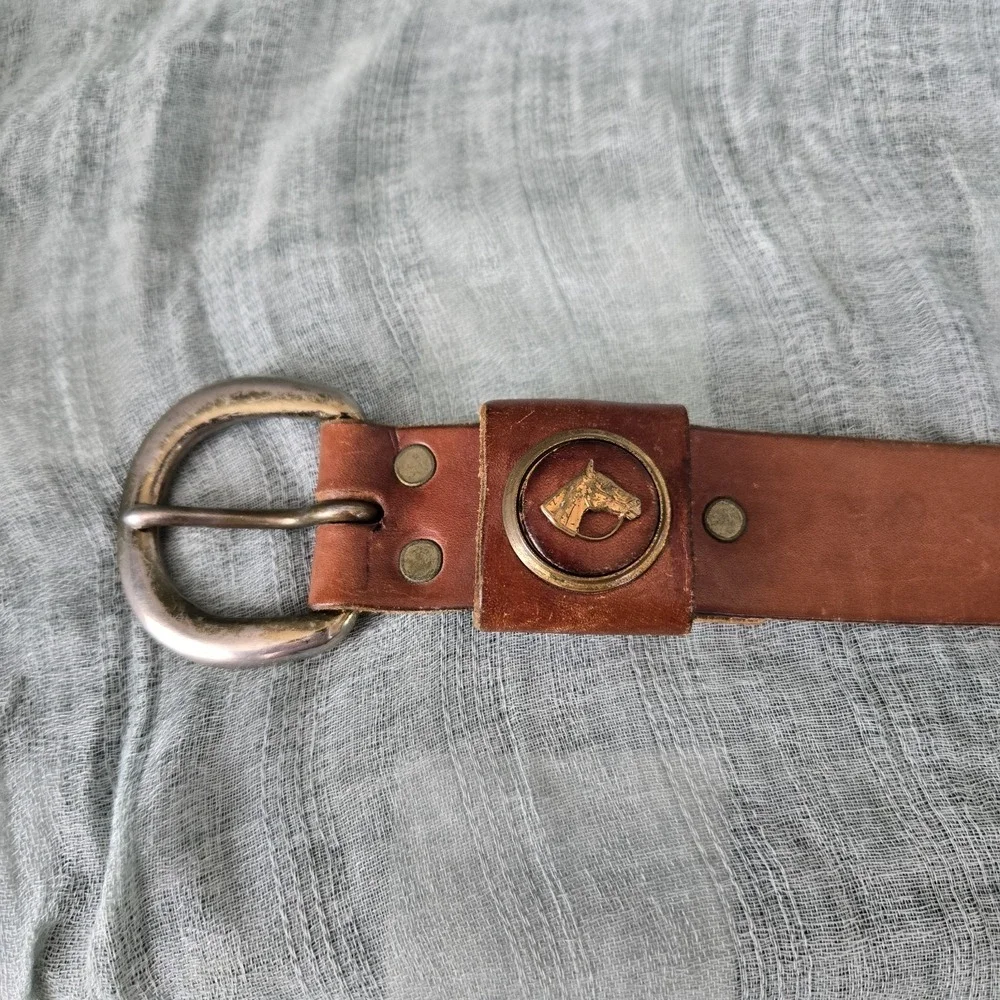 Child's Leather Belt Brass Plate Buckle  Horse Head Concho‎ Size 24